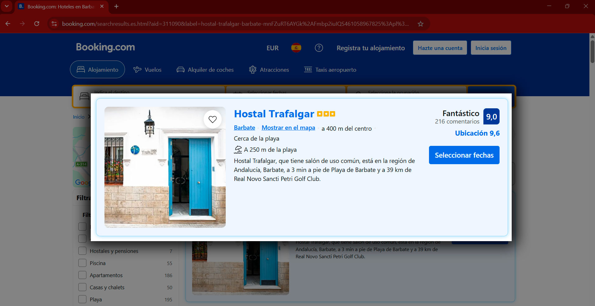 captura de pagina de booking con premio a la excelencia de 2026 de booking.com a hostal trafalgar